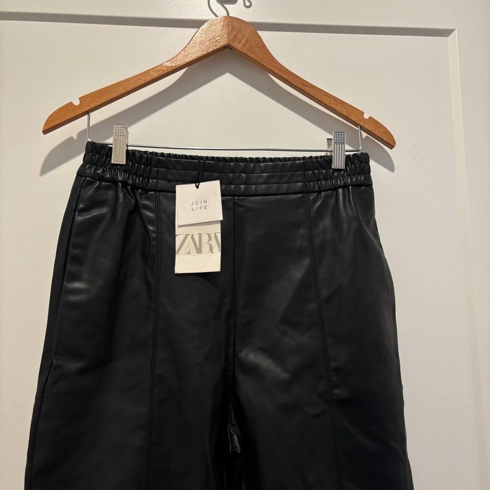 Zara NWT Women Faux Leather Jogger Pants Black Elastic Waist Drawstring Small - Picture 2 of 10